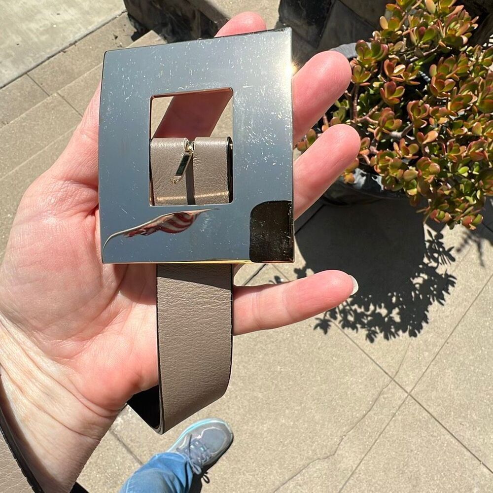 Vera Pelle Milano Italy Yo. Corbetta Leather Belt Taupe Gold Buckle S/M - Picture 3 of 5